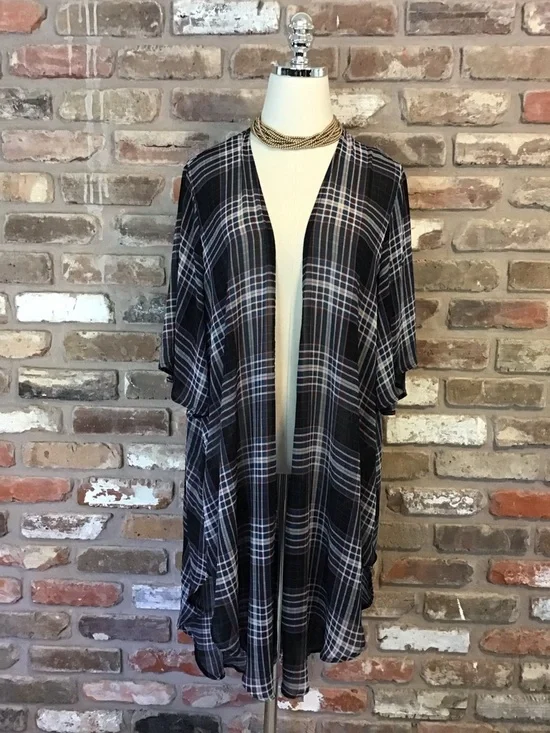 TORRID Women's Black Teal Burgundy White Plaid Open Front Kimono Cardigan 1X - Picture 2 of 6